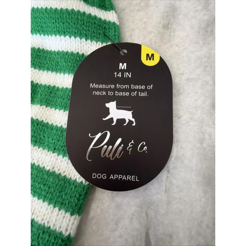 Puli & Co. Knitted Green/White Striped Santa Face Dog Sweater ~ Med ~ NWT